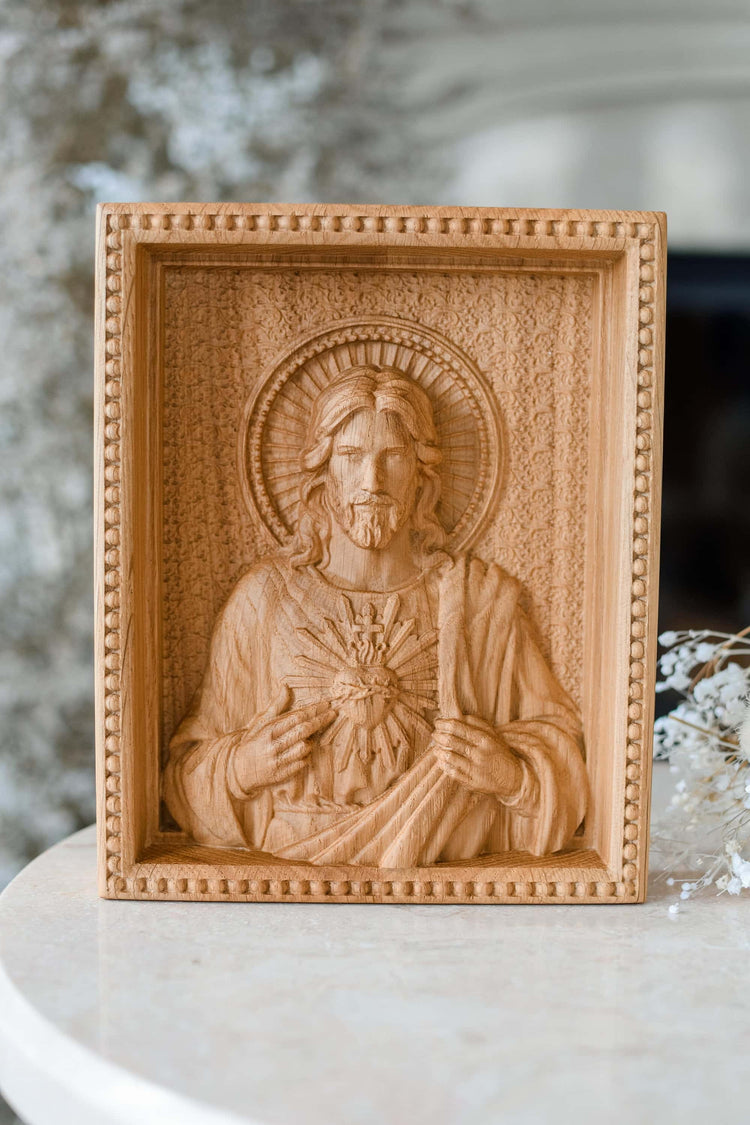 Sacred Heart of Jesus and Immaculate Heart of Mary Set of two Wooden panels Wooden carved statuary 6x7 inches Religious gift