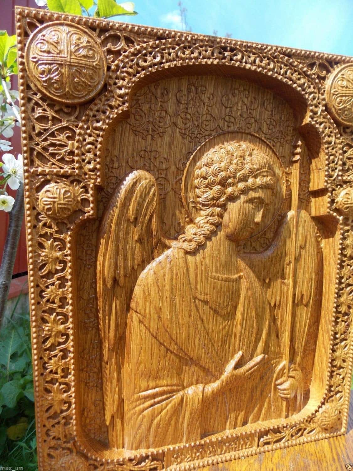 Archangel Michael watching You Wooden 3D carved icon 53