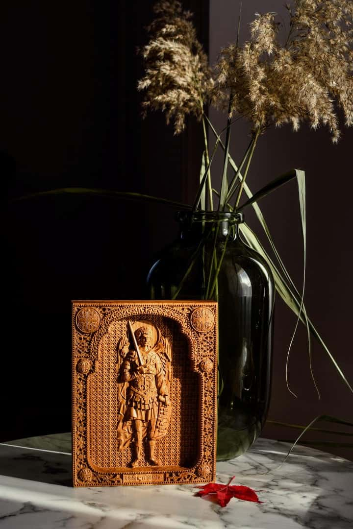 Archangel Michael with a Manuscript wooden 3D carved image - Kozak Work Shop