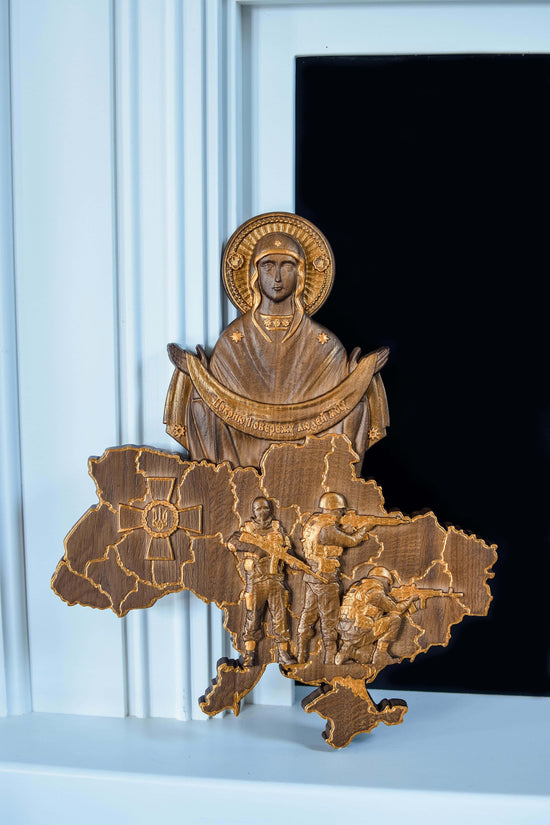 Ukrainian map with Blessed Virgin Mary over  Ukrainian solgiers - Kozak Work Shop