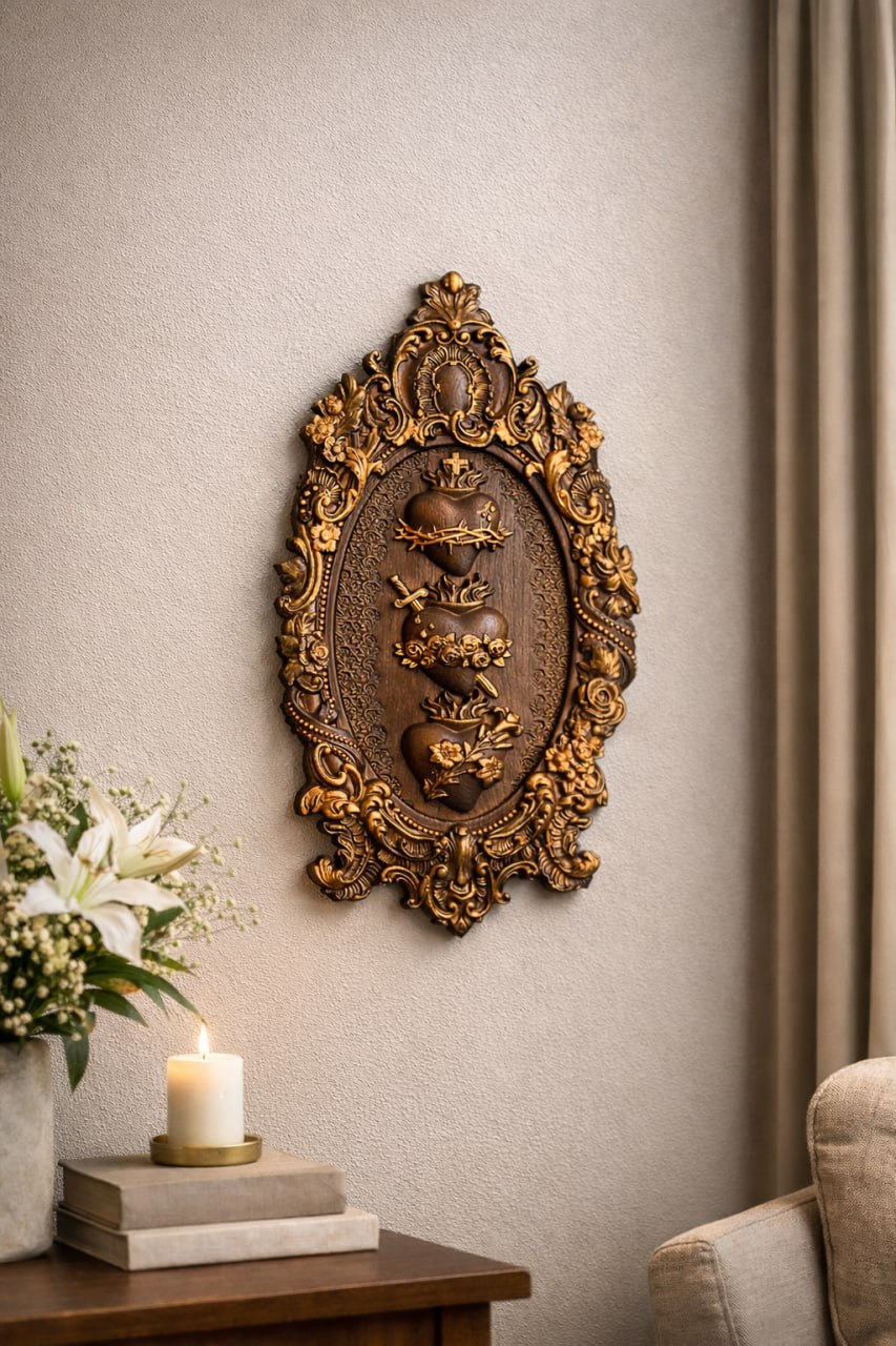Three Sacred Hearts of the Holy Family Wall Hanging Wooden Art work - Kozak Work Shop