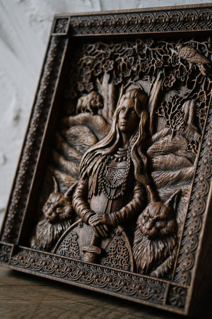 Freyja Skandinavian Goddess Wooden Carved Wall Picture