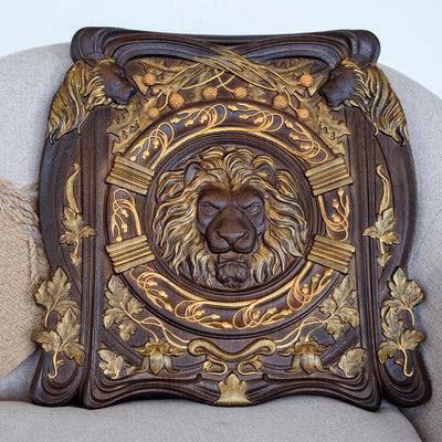 Lion Head Squared Wooden Carved Plaque - Kozak Work Shop
