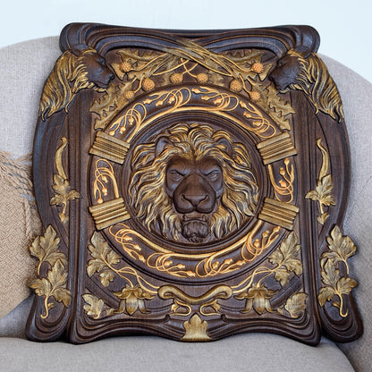 Lion Head Squared Wooden Carved Plaque