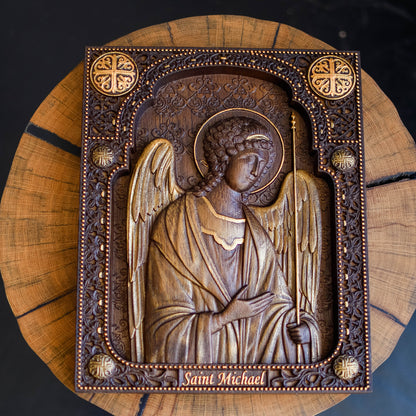 Archangel Michael watching You Wooden 3D carved icon