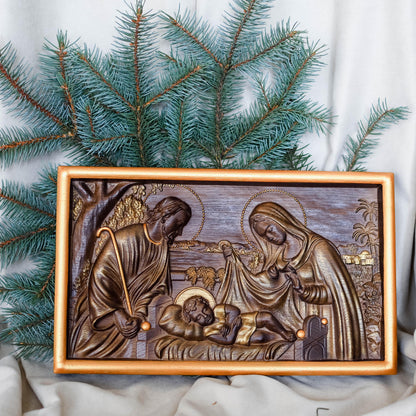 Holy Familly Wooden Carved Plaque with Plain Frame