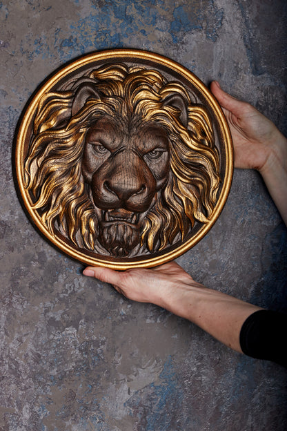 Lion Head Wooden Carved Plaque