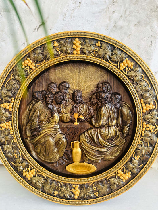 Round Last Supper Wooden Carved Plaque - Kozak Work Shop