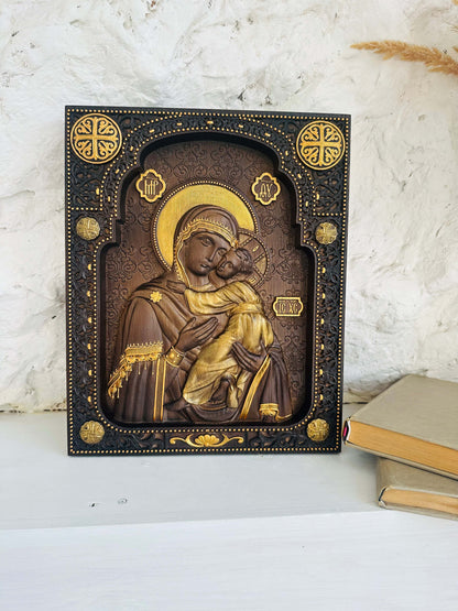 Blessed Virgin Mary of Vladimir Wooden Sculpture - Kozak Work Shop