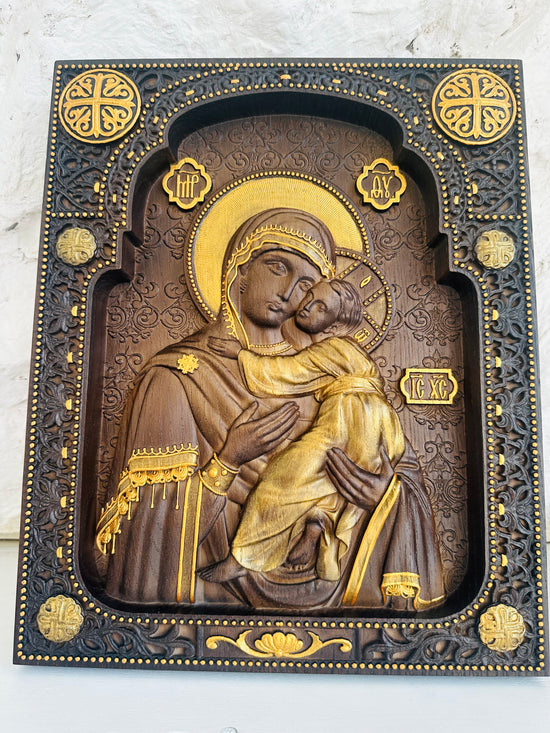 Blessed Virgin Mary of Vladimir Wooden Sculpture