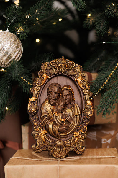Holy Familly Wooden Carved Icon with Classical Frame - Kozak Work Shop