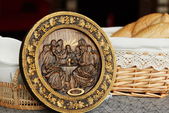 Round Last Supper Wooden Carved Plaque