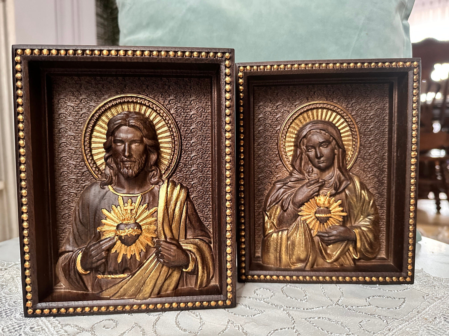 Sacred Heart of Jesus and Immaculate Heart of Mary Set of two Wooden panels Wooden carved statuary 6x7 inches Religious gift