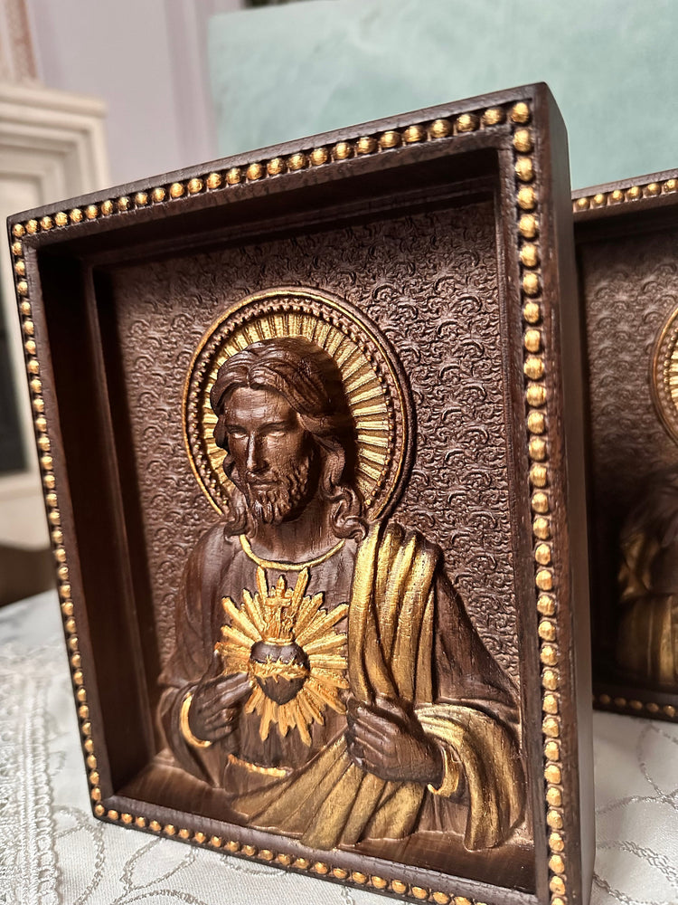 Sacred Heart of Jesus and Immaculate Heart of Mary Set of two Wooden panels Wooden carved statuary 6x7 inches Religious gift