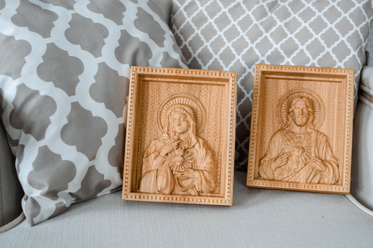 Sacred Heart of Jesus and Immaculate Heart of Mary Set of two Wooden panels Wooden carved statuary 6x7 inches Religious gift