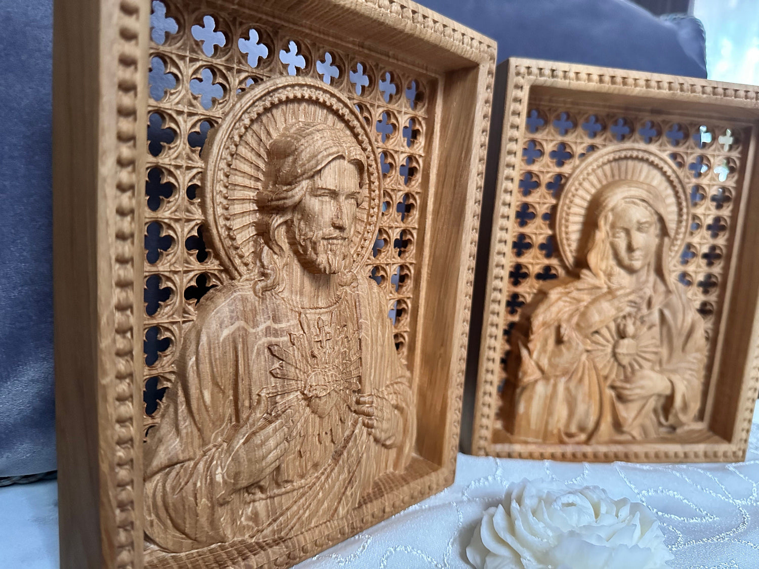Sacred Heart of Jesus and Immaculate Heart of Mary Set of two Wooden panels Wooden carved statuary 6x7 inches Religious gift