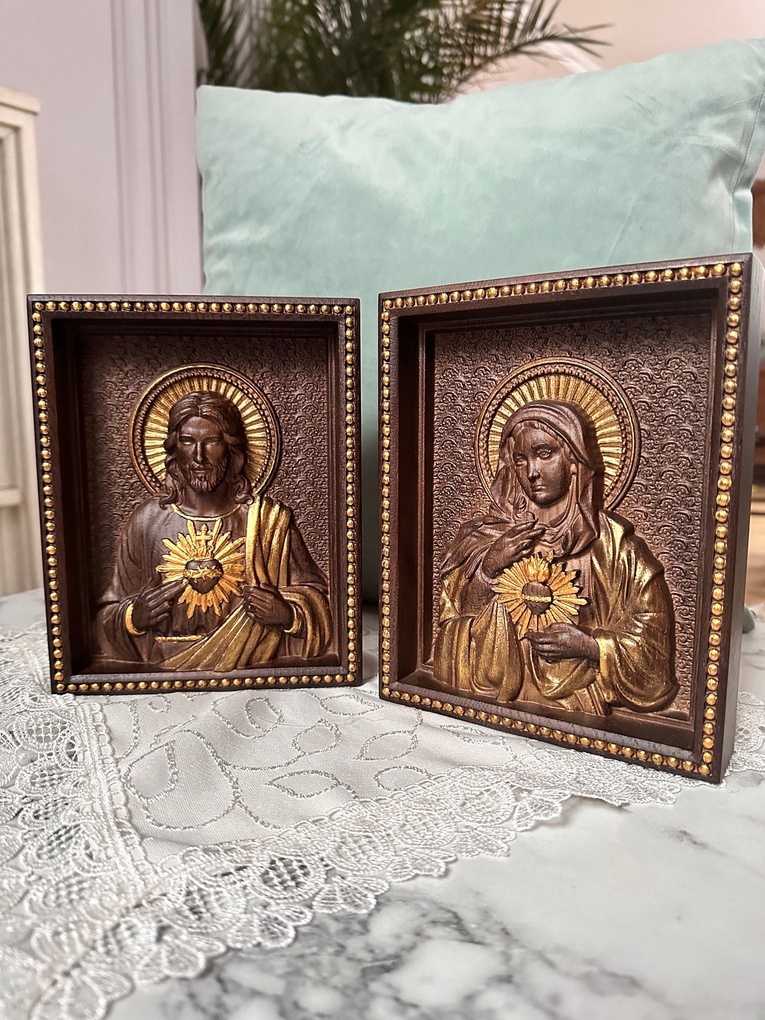 Sacred Heart of Jesus and Immaculate Heart of Mary Set of two Wooden panels Wooden carved statuary 6x7 inches Religious gift