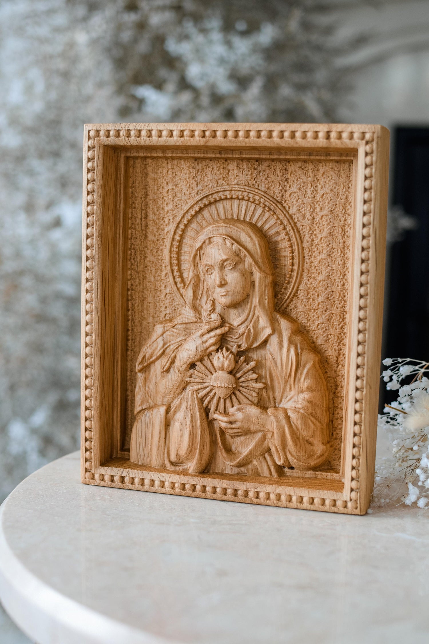 Sacred Heart of Jesus and Immaculate Heart of Mary Set of two Wooden panels Wooden carved statuary 6x7 inches Religious gift
