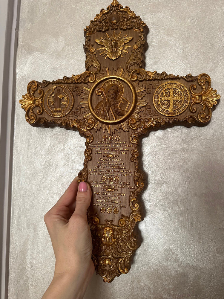 Handcarved St. Benedict exorcism cross with prayer and medal