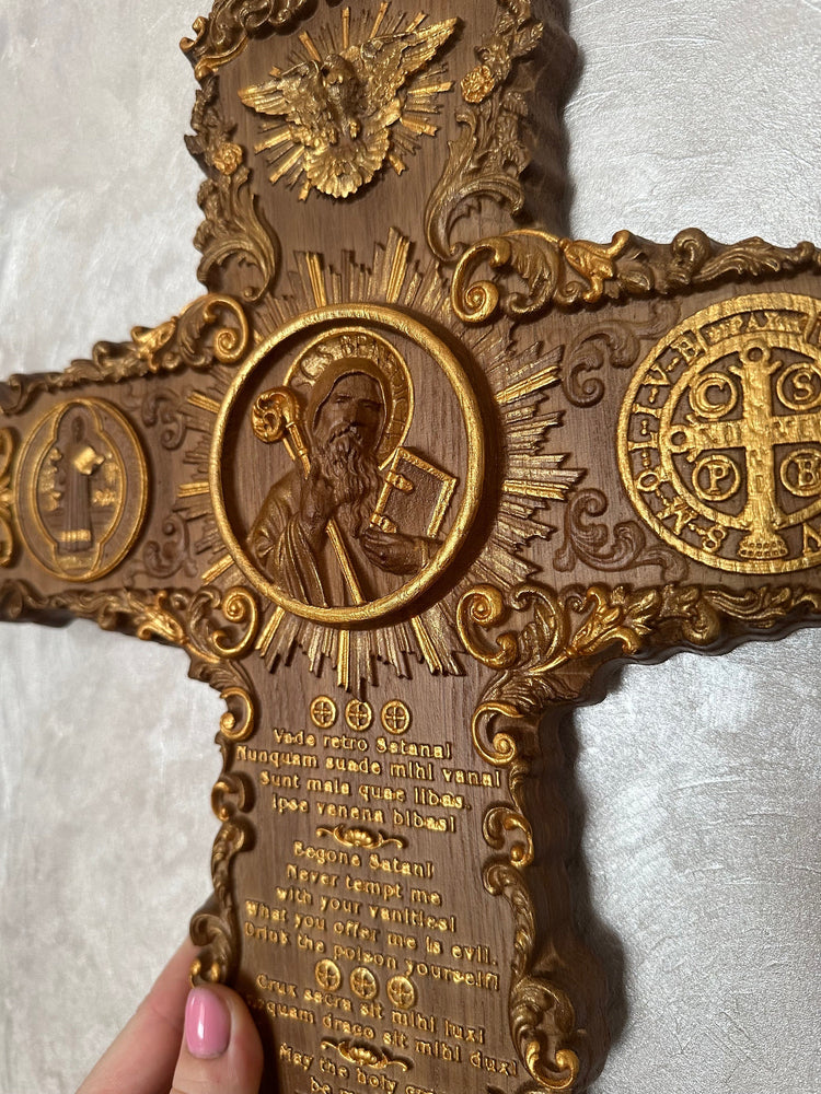 Handcarved St. Benedict exorcism cross with prayer and medal