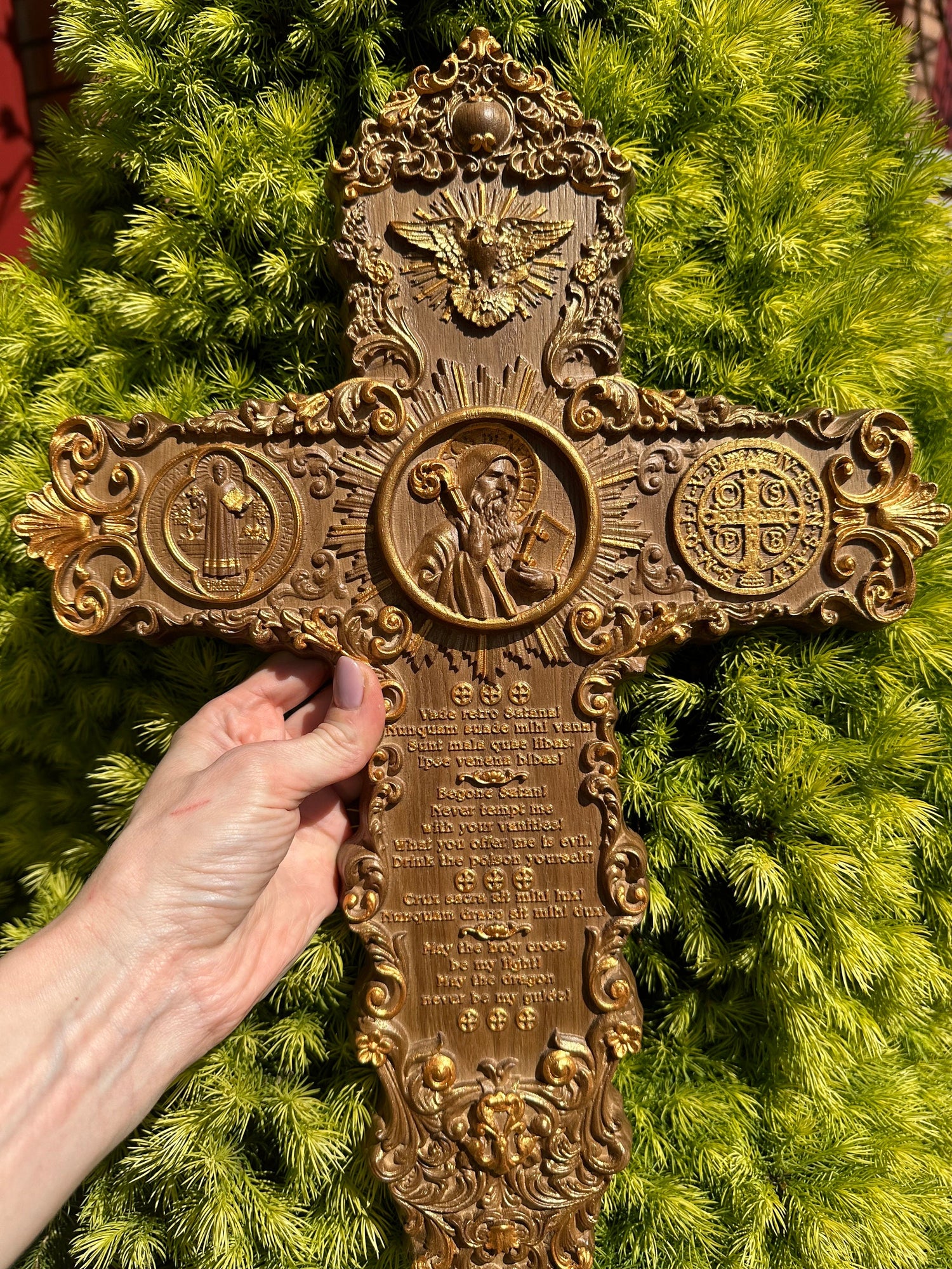 Handcarved St. Benedict exorcism cross with prayer and medal
