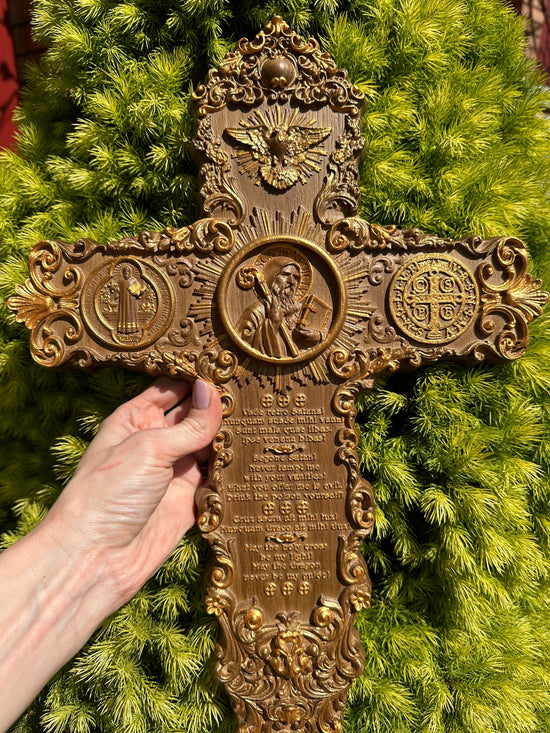 Handcarved St. Benedict exorcism cross with prayer and medal