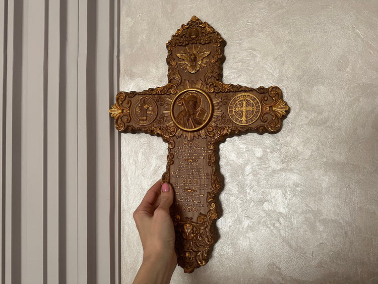 Handcarved St. Benedict exorcism cross with prayer and medal
