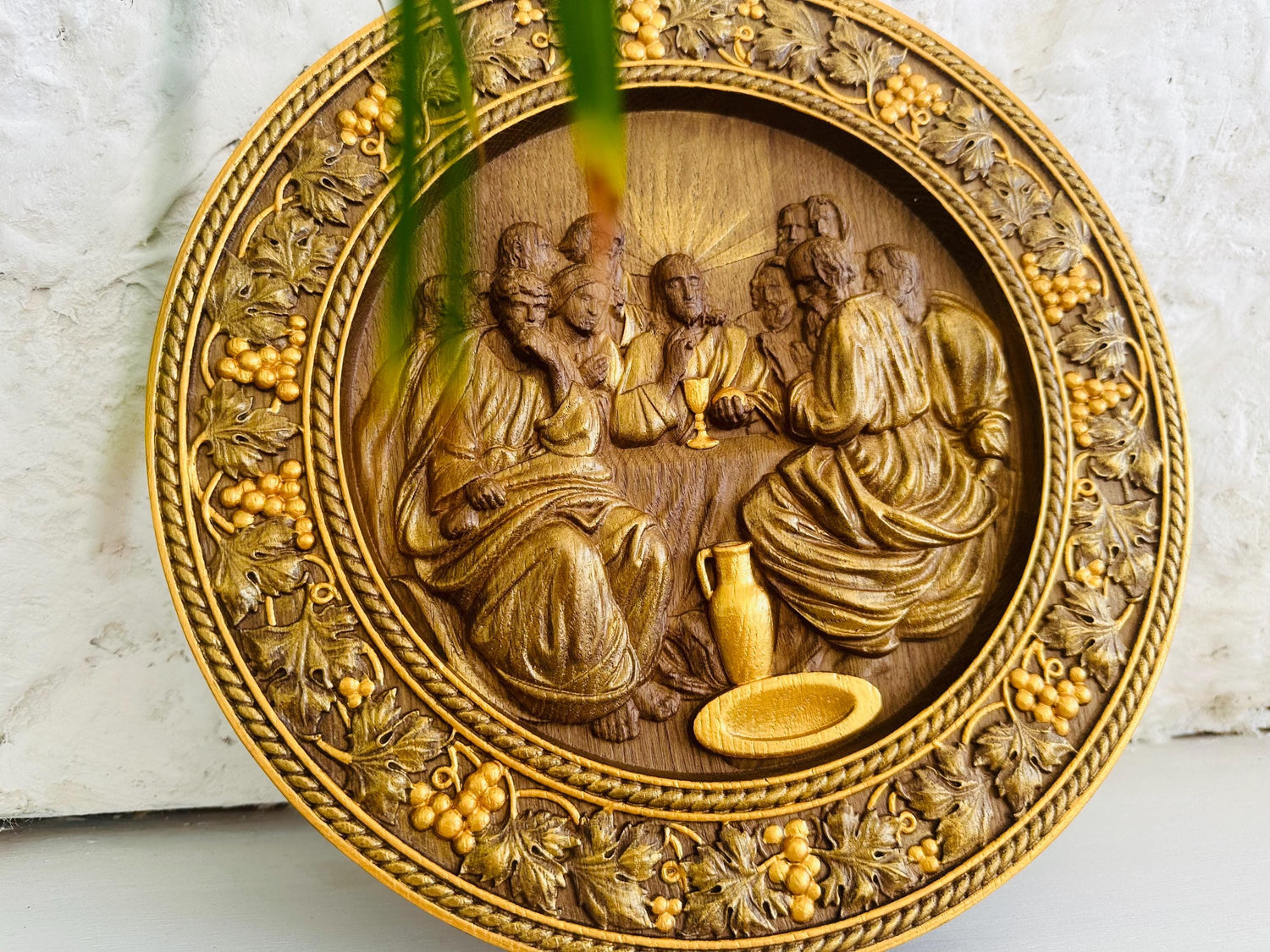 Round Last Supper Wooden Carved Plaque