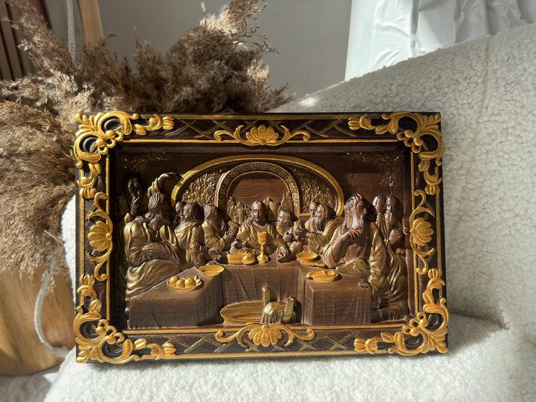 The Last Supper Wooden Sculpture with Baroque Frame