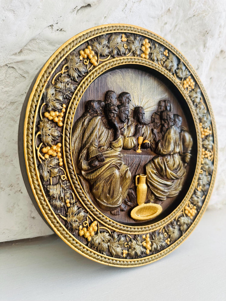 Round Last Supper Wooden Carved Plaque