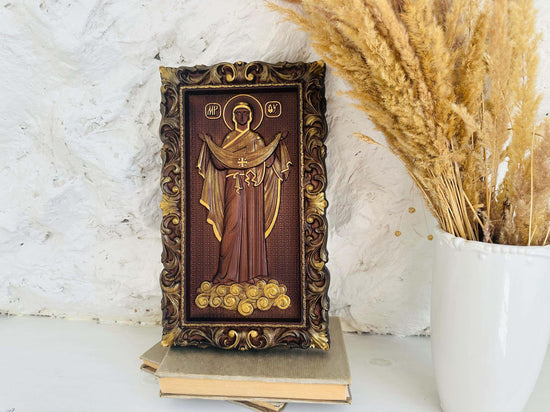 Christian Housewarming gift Wood Carved Religious orthodox icon Virgin Mary Personalized engraved christian wall art on wood