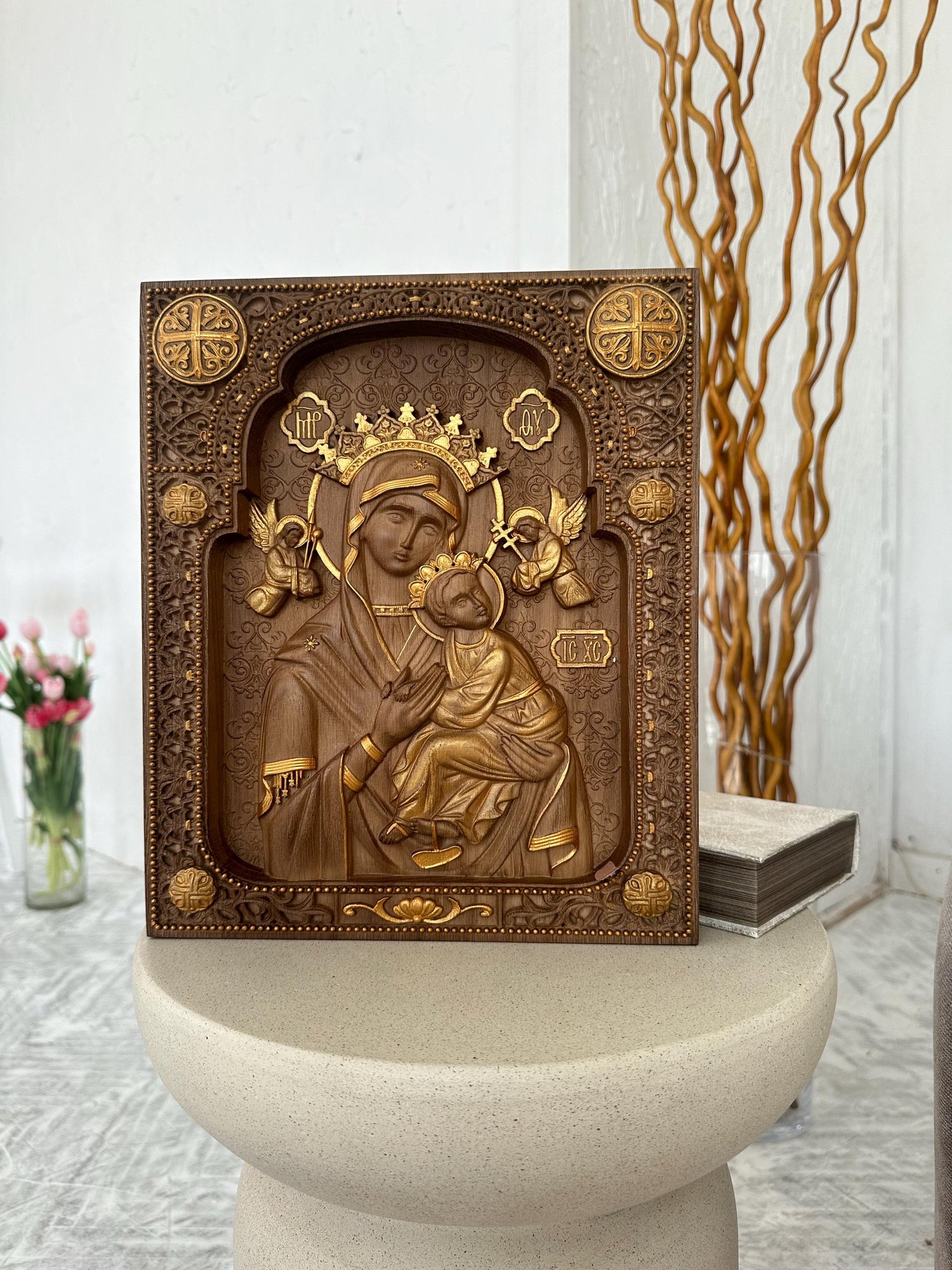 Christian gift Virgin Mary carved on natural solid wood - 10x12 inches - Religious catholic Wall Art of Virgin Mary Gift ideas for women