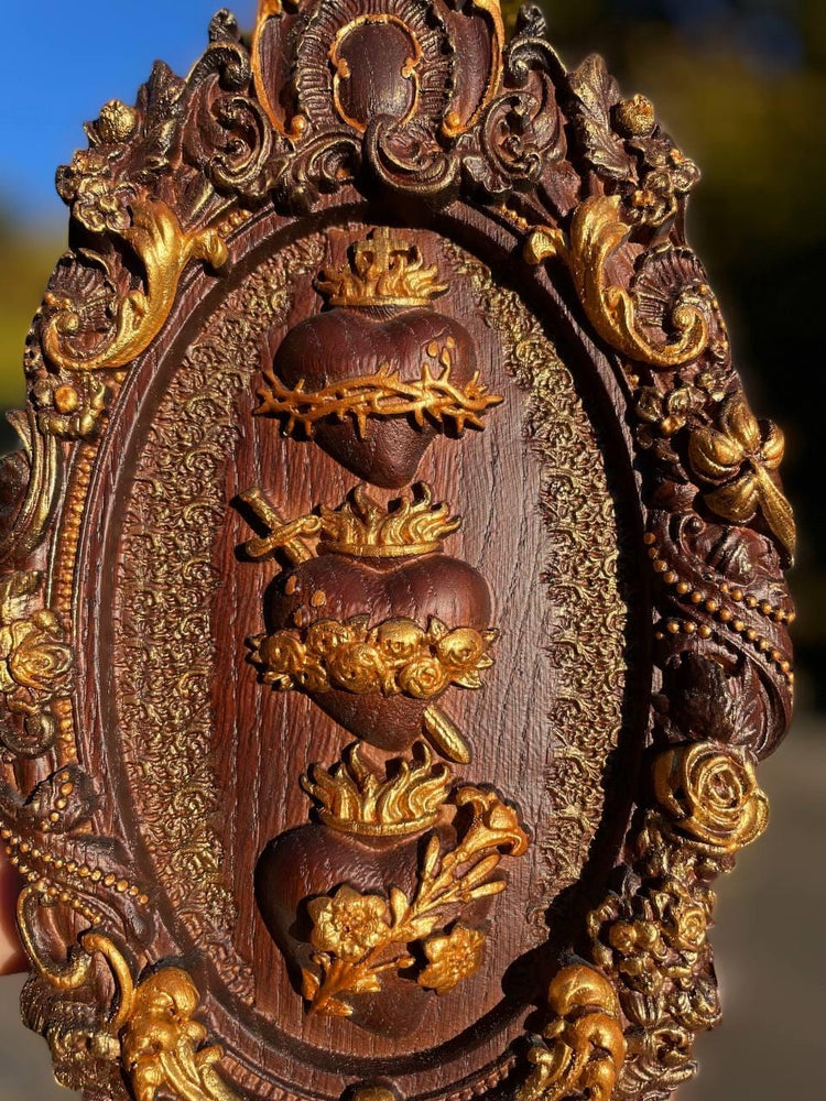 Three Sacred Hearts of the Holy Family Wall Hanging Wooden Art work