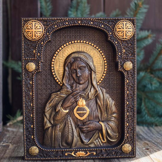 Immaculate Heart of Mary Wooden Carved Christian Sculpture Wall Hanging Art Work gift ideas Fathers Day gift from daughter
