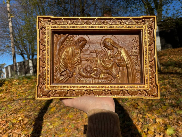 Holy Familly Wooden Carved Plaque Long