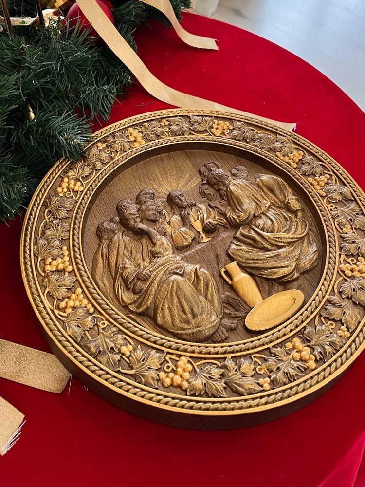 Round Last Supper Wooden Carved Plaque