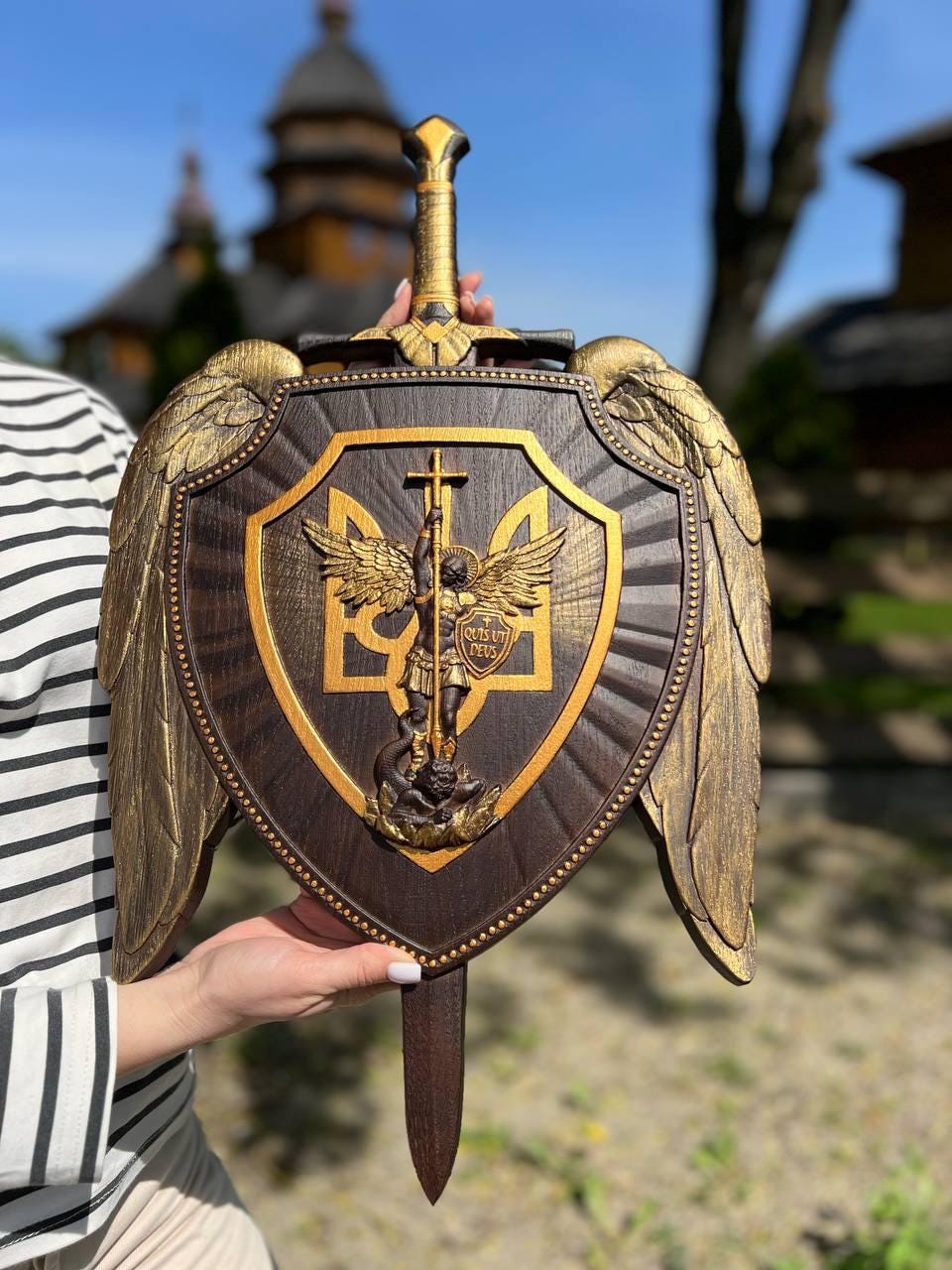 The shield with Ukrainian Trident and Archangel Michael Wooden Plaque