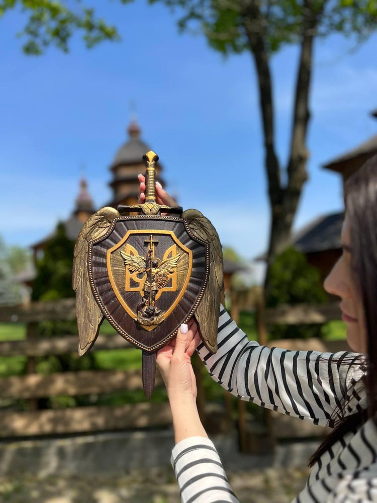 The shield with Ukrainian Trident and Archangel Michael Wooden Plaque