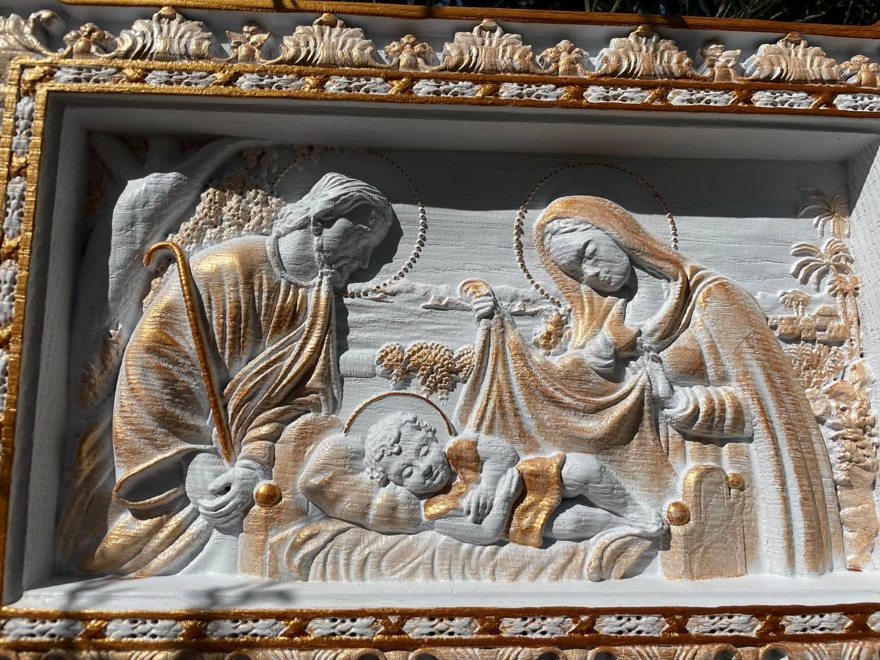 Holy Familly Wooden Carved Plaque Long