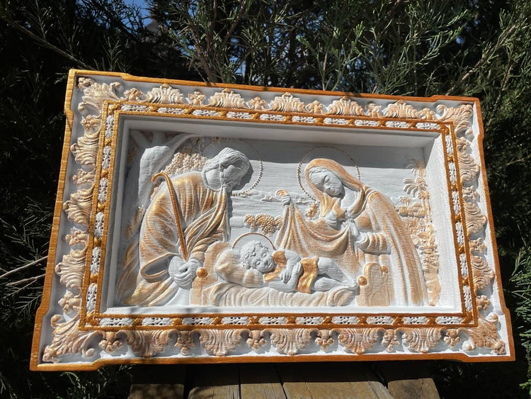 Holy Familly Wooden Carved Plaque Long