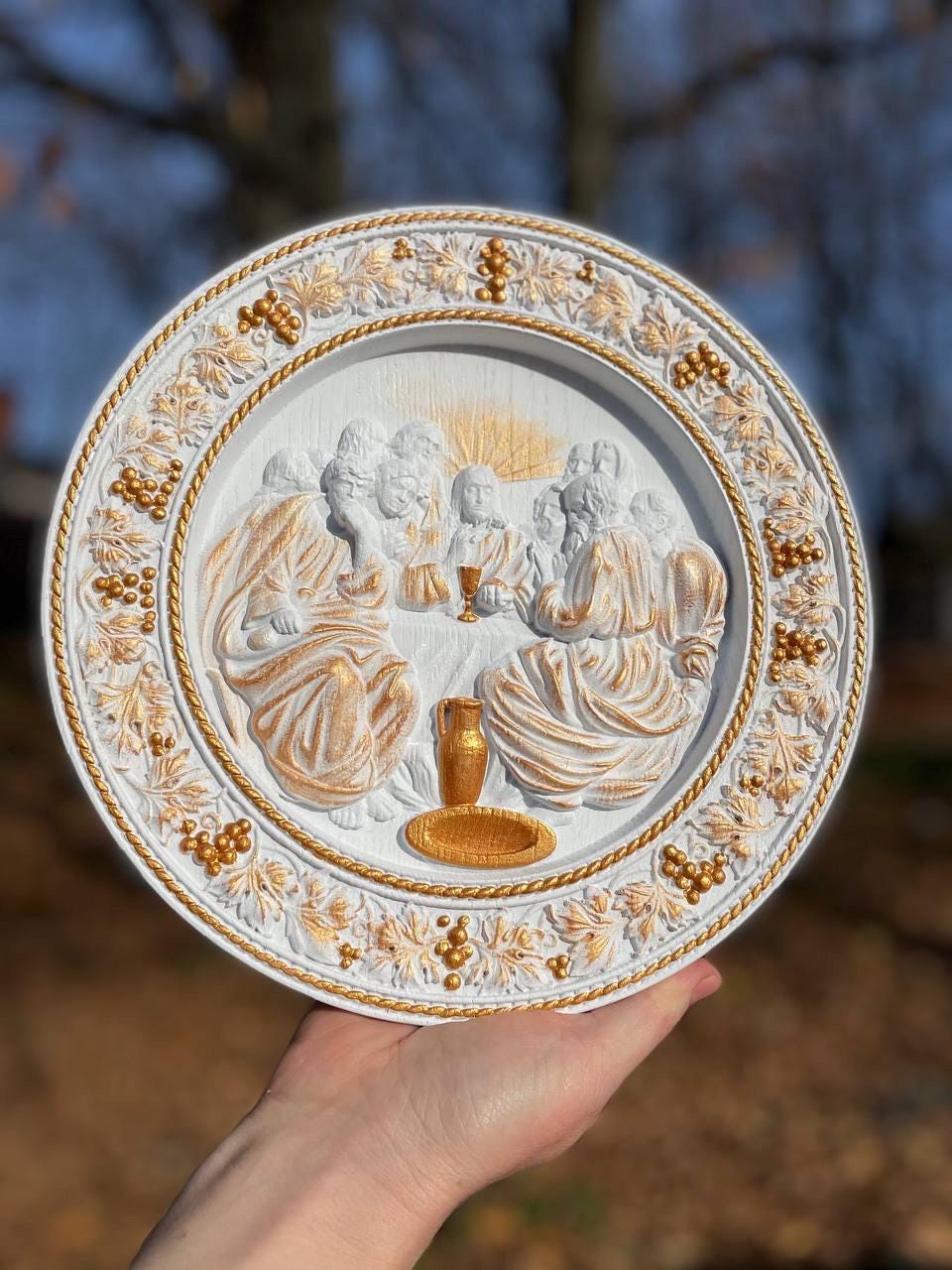 Round Last Supper Wooden Carved Plaque