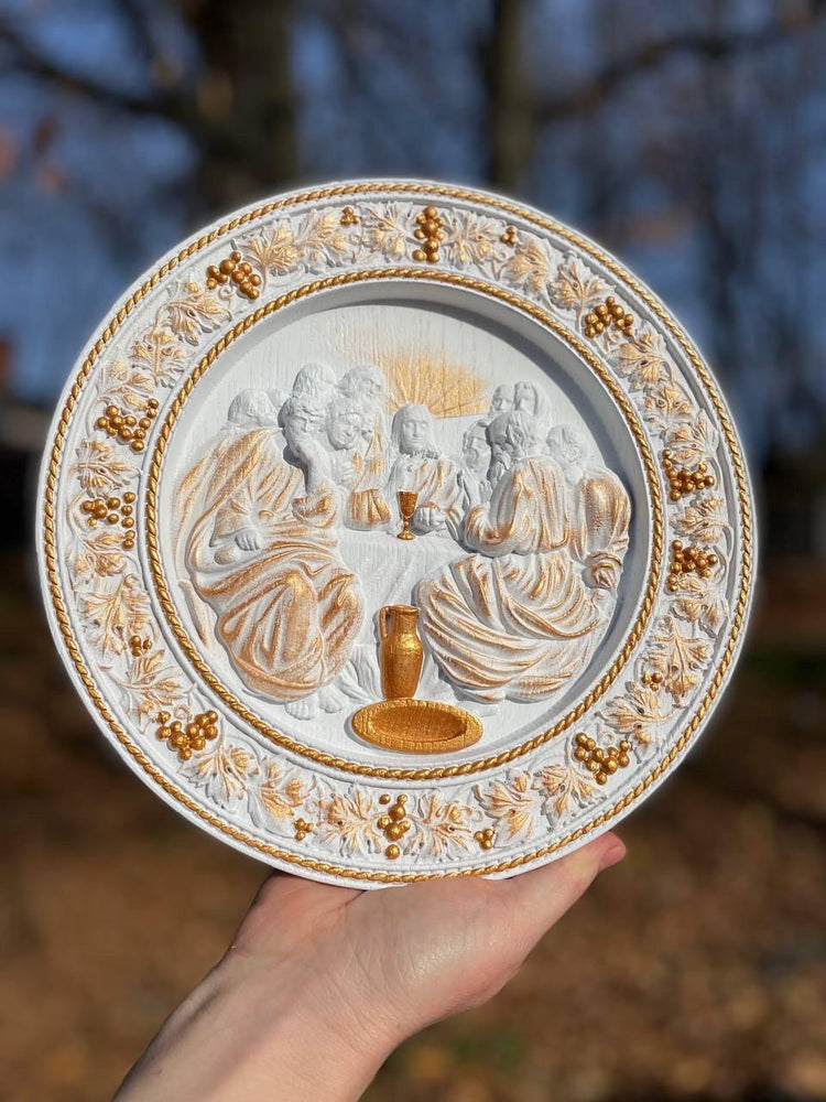 Round Last Supper Wooden Carved Plaque