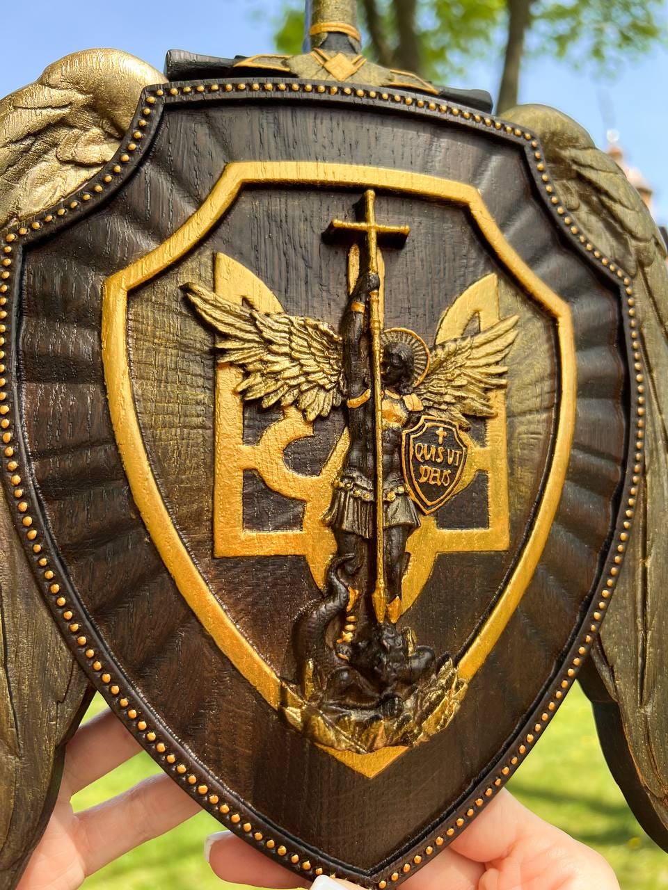 The shield with Ukrainian Trident and Archangel Michael Wooden Plaque