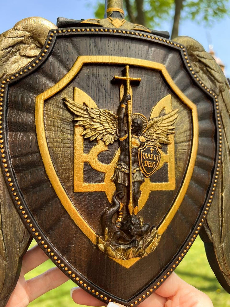 The shield with Ukrainian Trident and Archangel Michael Wooden Plaque