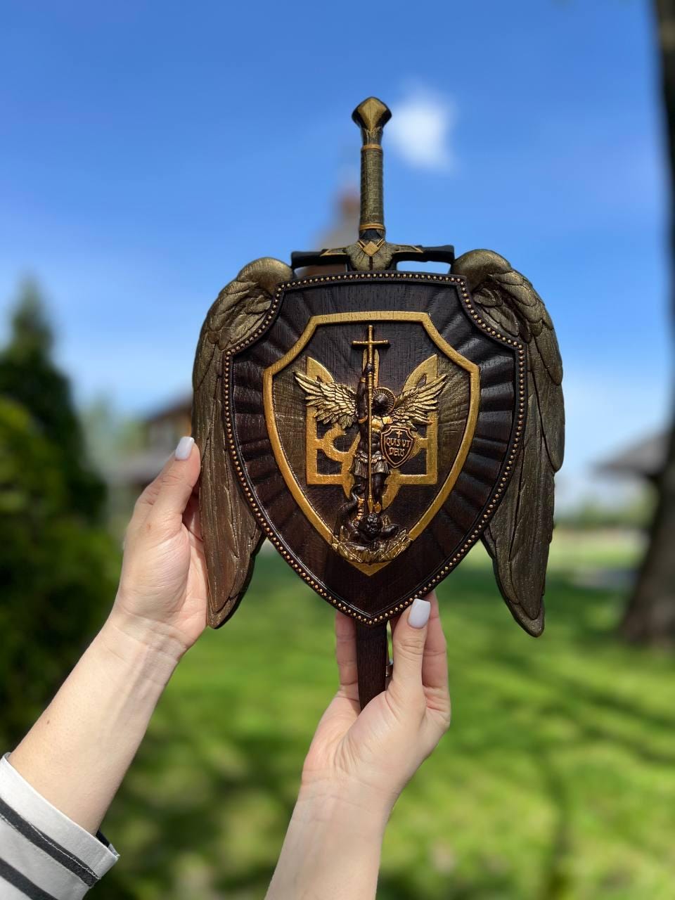 The shield with Ukrainian Trident and Archangel Michael Wooden Plaque