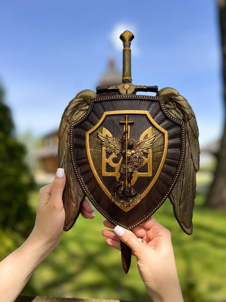 The shield with Ukrainian Trident and Archangel Michael Wooden Plaque