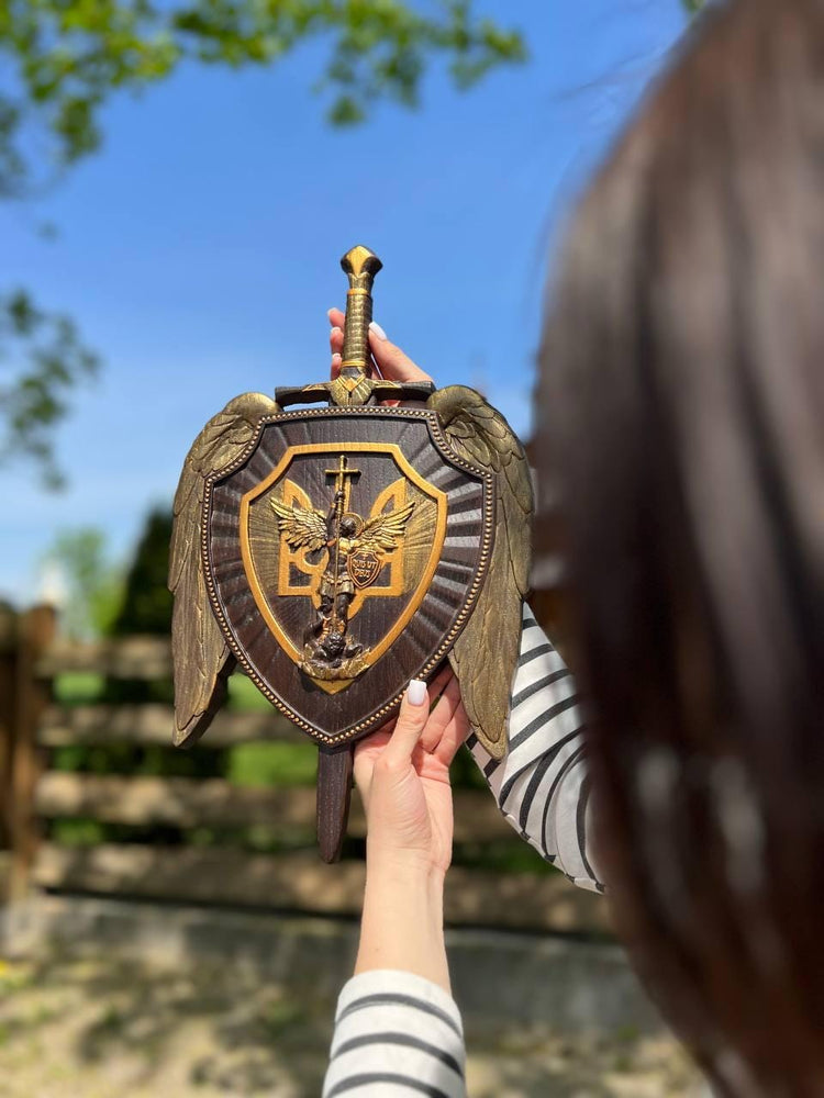 The shield with Ukrainian Trident and Archangel Michael Wooden Plaque