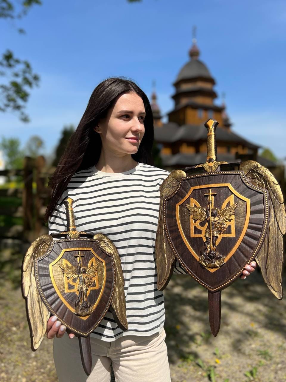 The shield with Ukrainian Trident and Archangel Michael Wooden Plaque