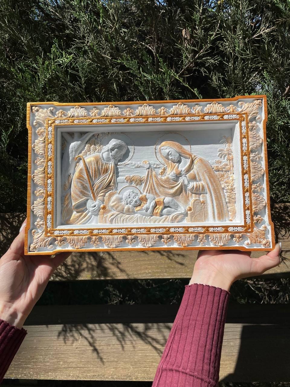 Holy Familly Wooden Carved Plaque Long
