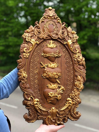 Three Sacred Hearts of the Holy Family Wall Hanging Wooden Art work